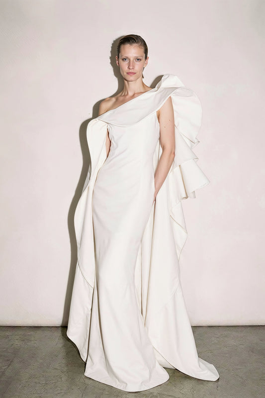 Ivory mikado one-shoulder couture gown with a dramatic cascading ruffle by Bilal Barrage