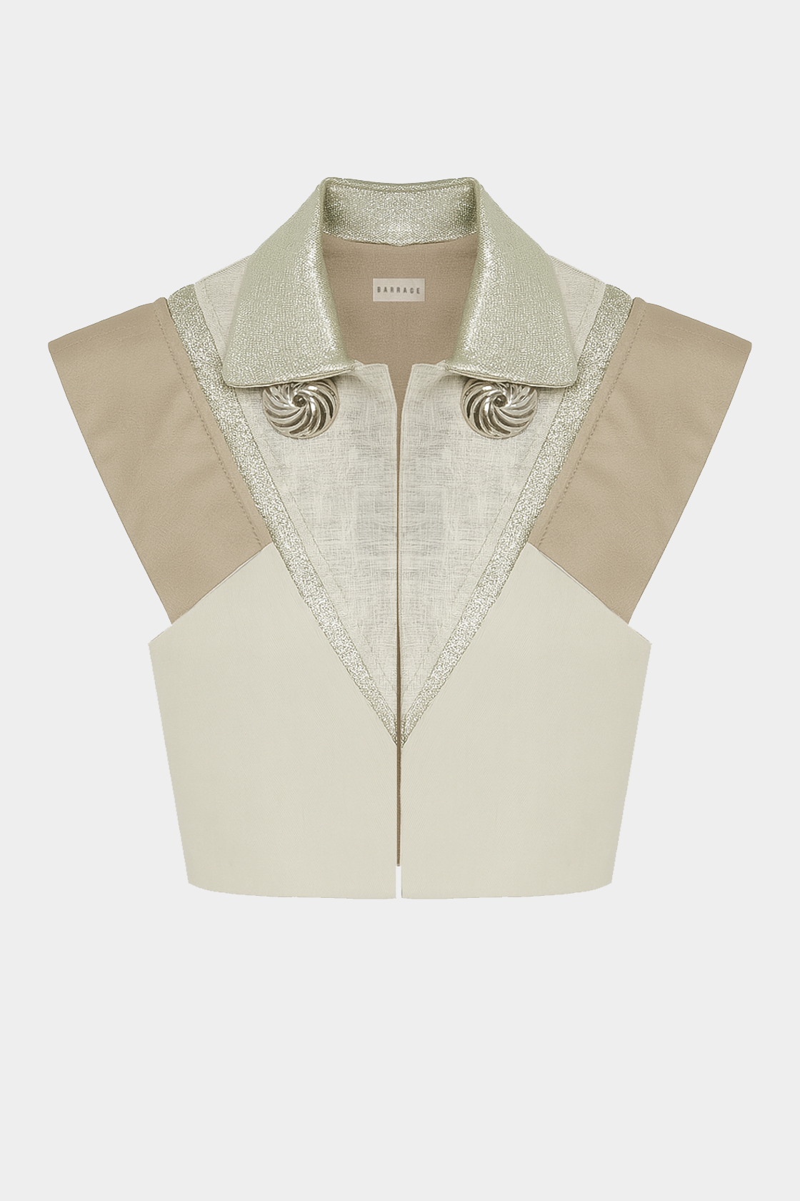Sand-beige structured denim gilet with geometric paneling by Barrage Paris