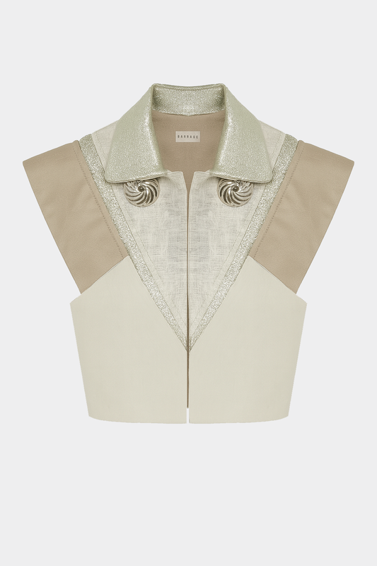 Sand-beige structured denim gilet with geometric paneling by Barrage Paris