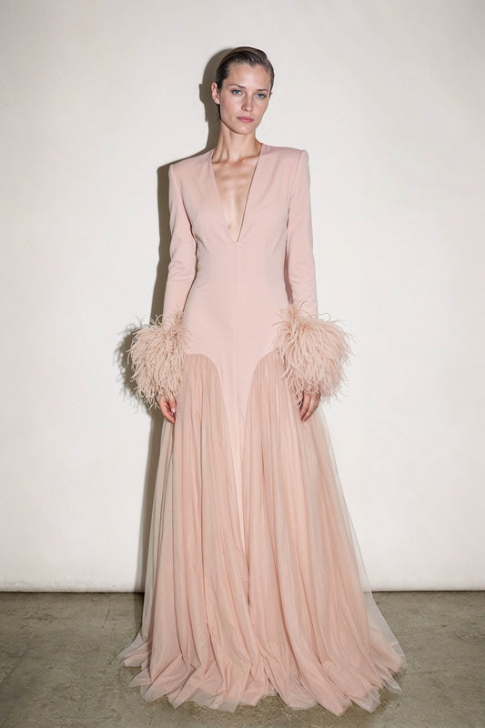 Blush-rose crepe and chiffon couture gown with a plunging neckline and ostrich-feather cuffs by Bilal Barrage