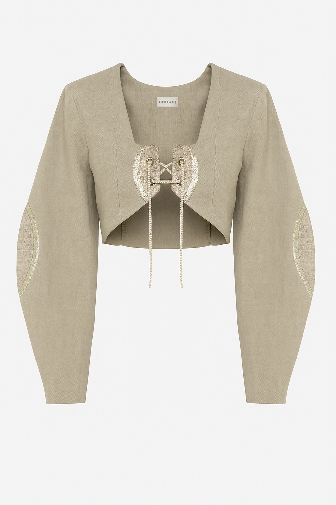 Dusty-olive lace-up denim Calyx jacket with brocade inserts by Barrage Paris