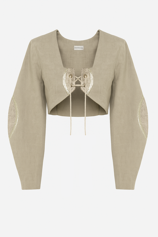 Dusty-olive lace-up denim Calyx jacket with brocade inserts by Barrage Paris