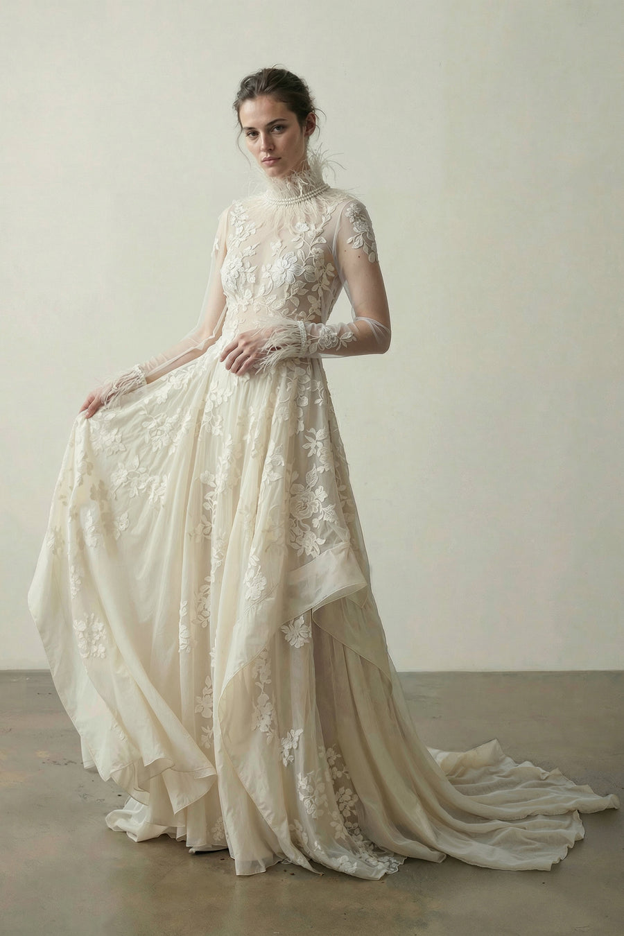 Champagne-ivory couture gown in organza and lace with a boned corset bodice and draped panels by Bilal Barrage