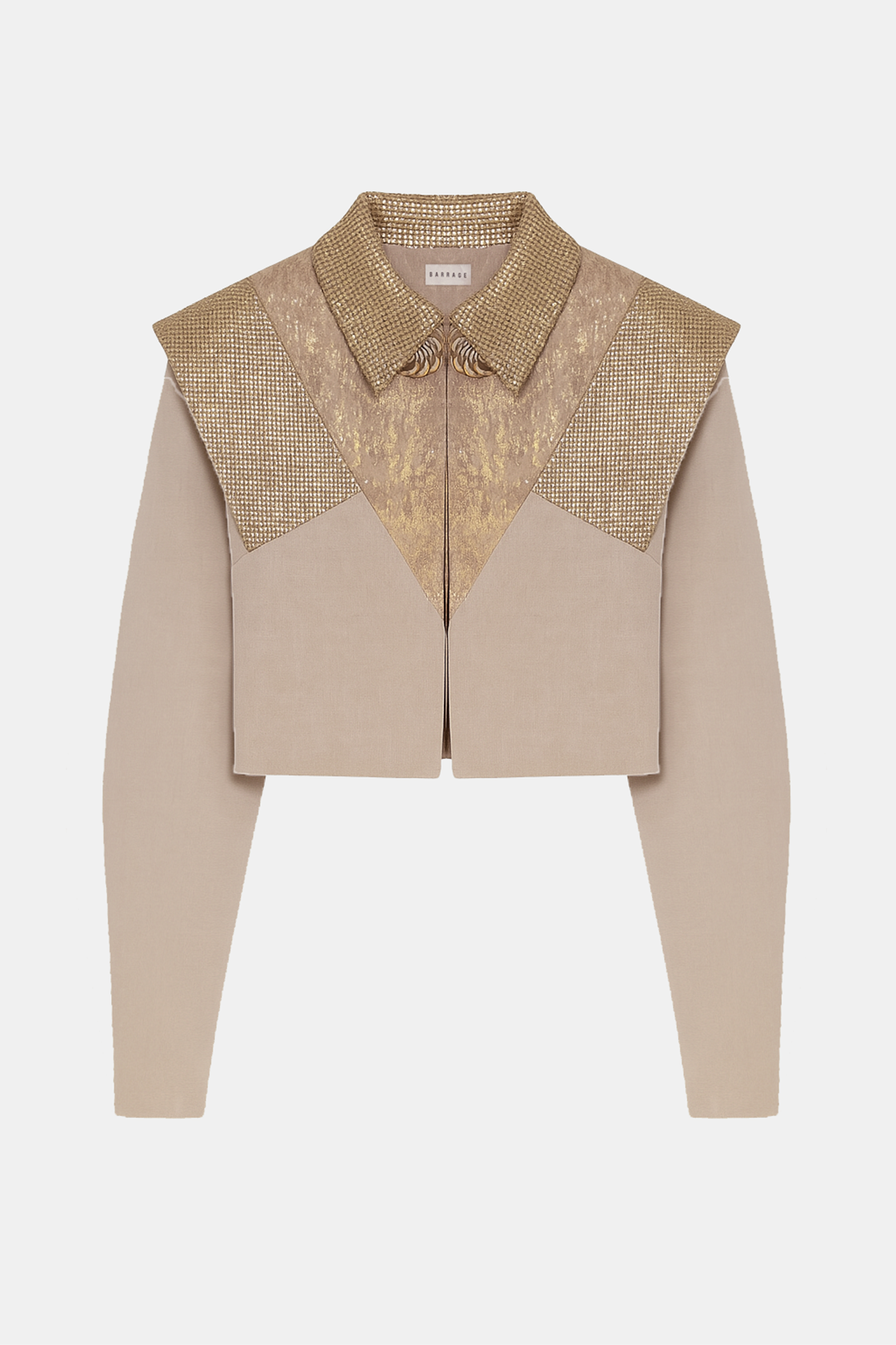 Rose-gold structured denim jacket with lantern sleeves by Barrage Paris