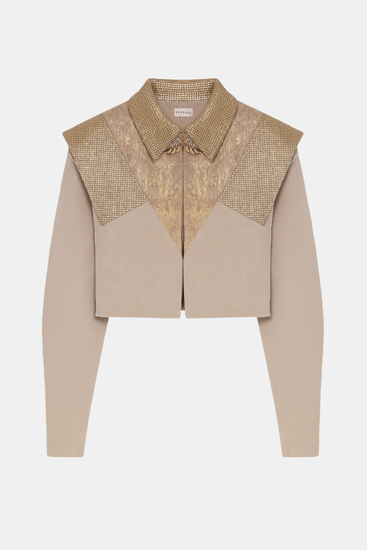 Rose-gold structured denim jacket with lantern sleeves by Barrage Paris