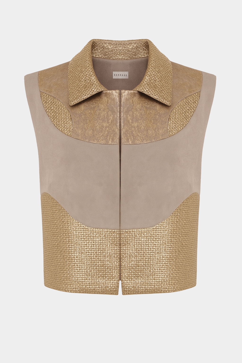 Rose-gold structured denim gilet with sculpted shoulders by Barrage Paris