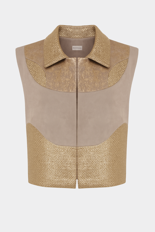 Rose-gold structured denim gilet with sculpted shoulders by Barrage Paris