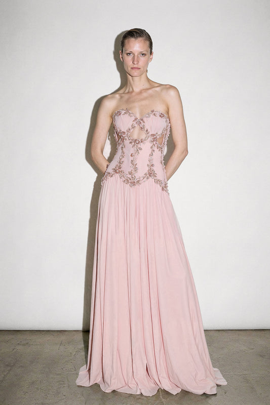 Pale-rose chiffon couture gown with a beaded corset bodice and full weightless skirt by Bilal Barrage