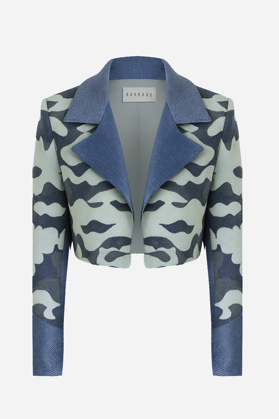 Cropped camouflage jacquard knit jacket with indigo lapels by Barrage Paris