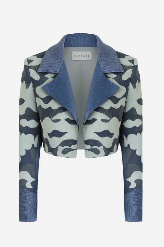 Cropped camouflage jacquard knit jacket with indigo lapels by Barrage Paris