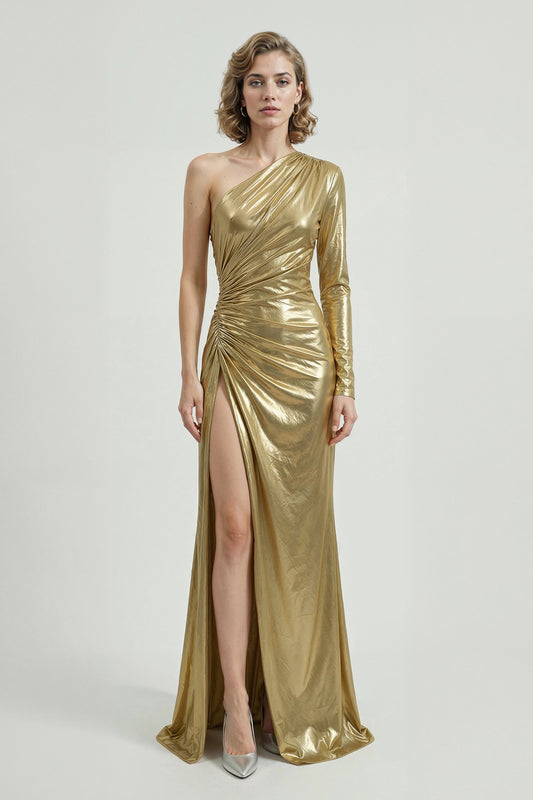 Metallic-gold jersey one-shoulder evening gown with hip-ruched draping and a high slit by Bilal Barrage