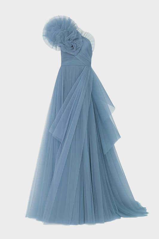 Dusty-blue one-shoulder tulle evening gown with floral applique by Barrage Paris