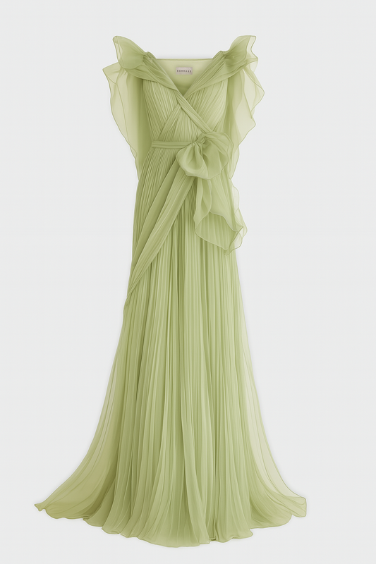 Matcha-green silk chiffon couture evening gown with pleated skirt by Barrage Paris