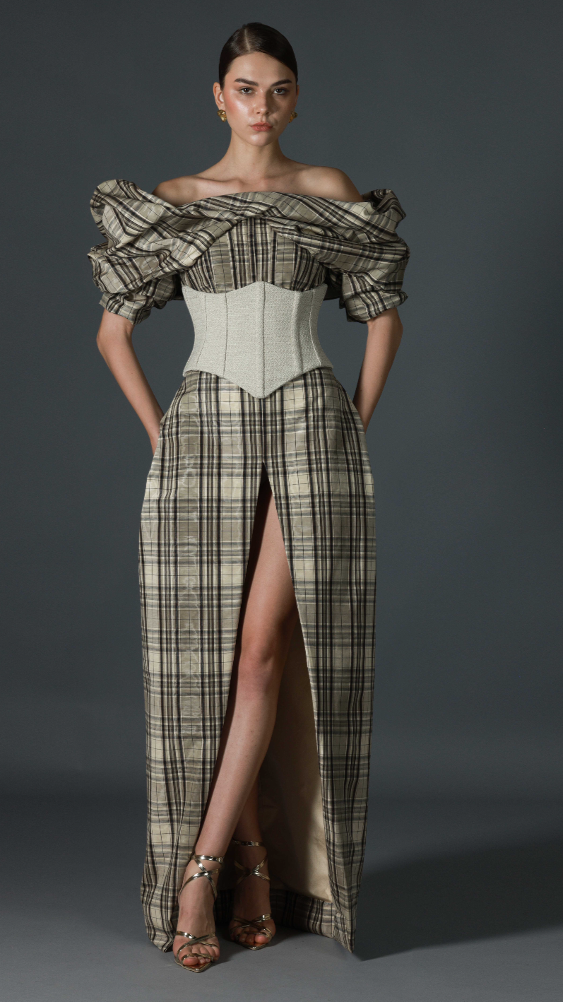 Plaid off-shoulder evening gown with ivory corset waist by Barrage Paris