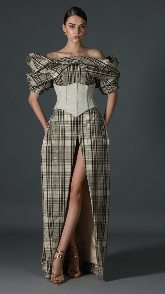Plaid off-shoulder evening gown with ivory corset waist by Barrage Paris