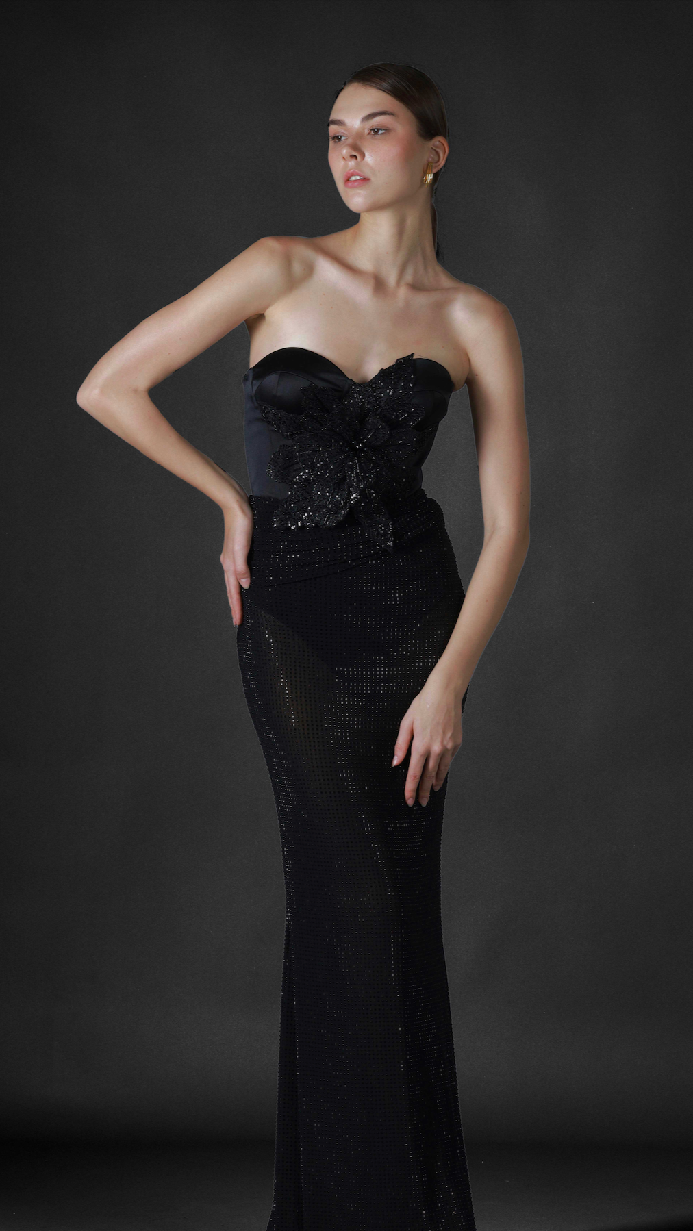 Black bustier corset maxi dress with crystal embroidery by Barrage Paris
